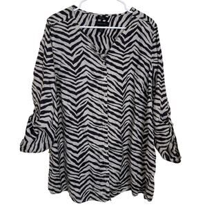 Tahari 100% Linen Zebra Print Tunic Top Chocolate Brown / Cream Button Front 2X
